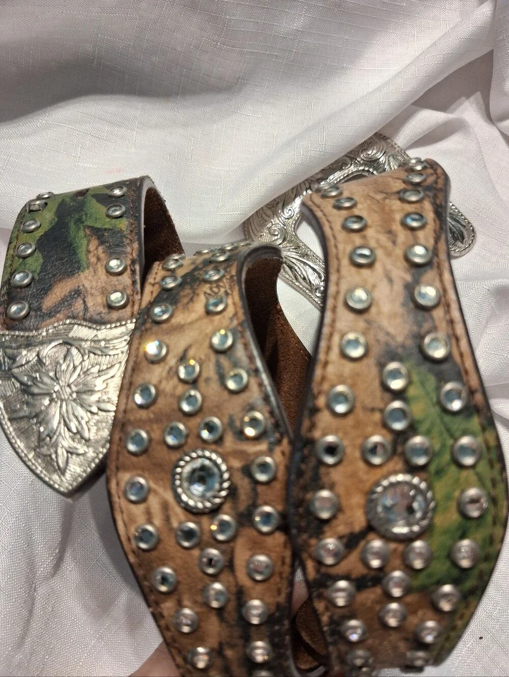 Advantage Timber Leather Camo Rhinestone Western Style Belt Size 34